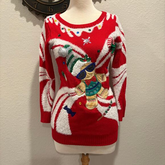 33 DEGREES X-Mas Tunic Sweater Red Sz XS Candycane Elf Cool Snowman Dimensional - Picture 1 of 10